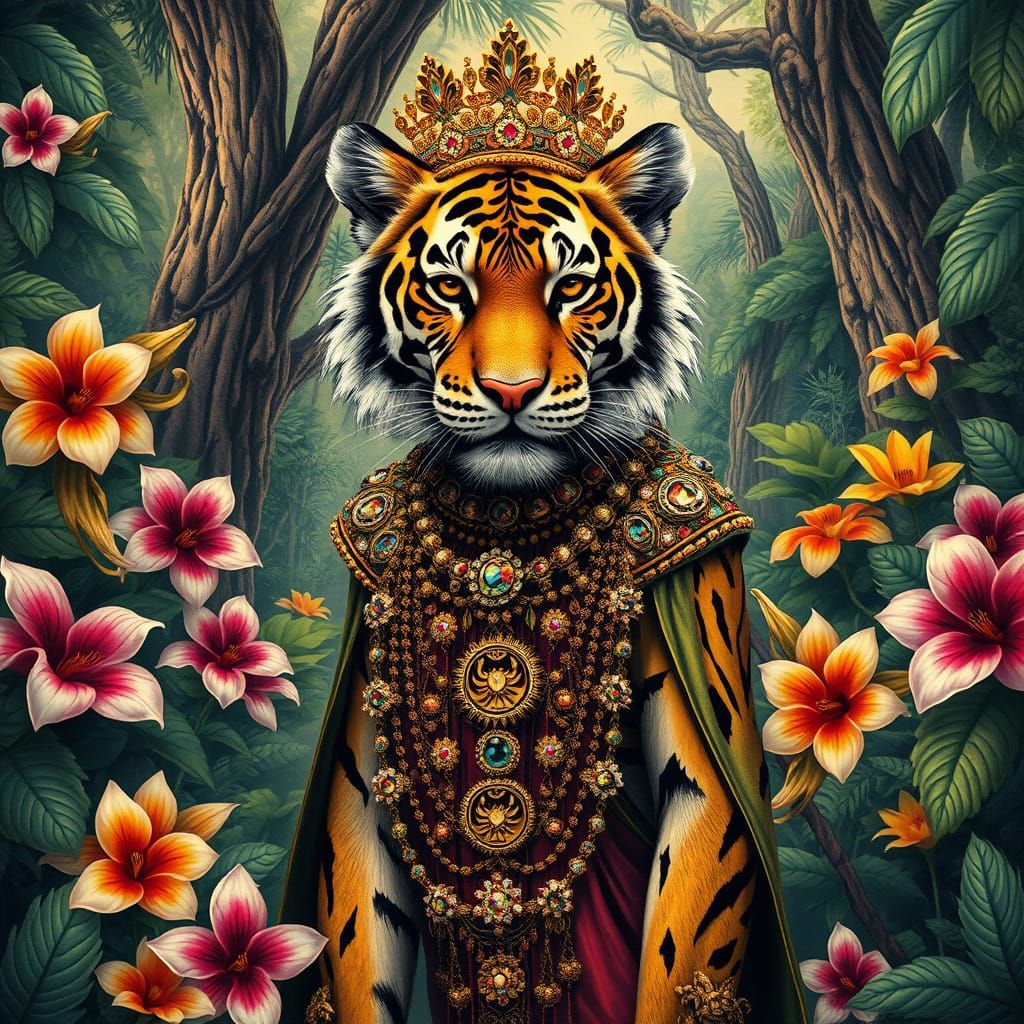 Majestic Tiger Princess in Whimsical Jungle Setting
