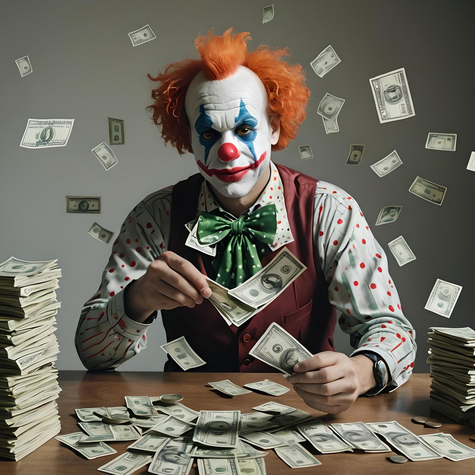 Clown Counting Money in Room with Daylight
