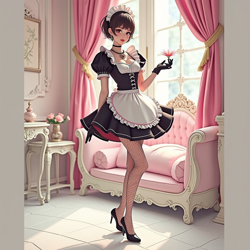 Androgynous Man in Pink Maid Outfit, Hyperdetailed Portrait