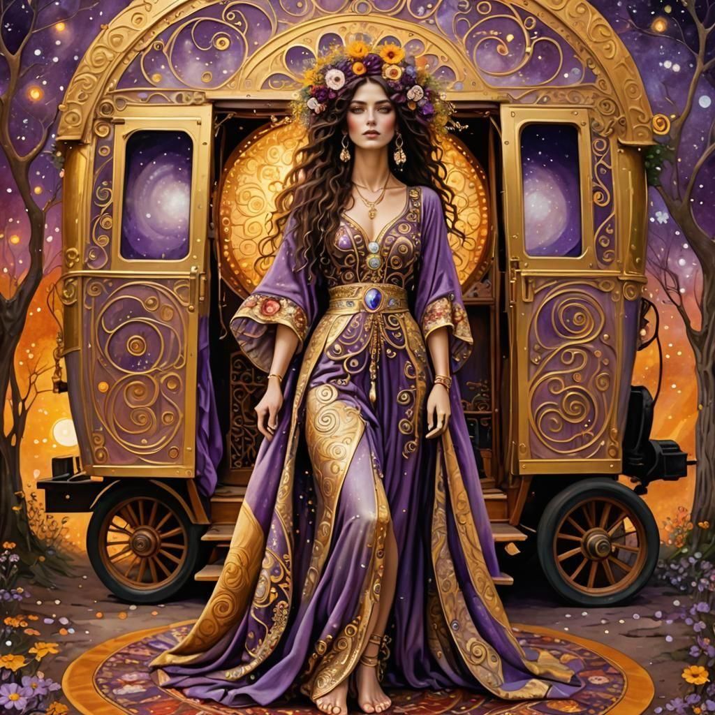 Whimsical Boho Gypsy Woman in Klimt Style