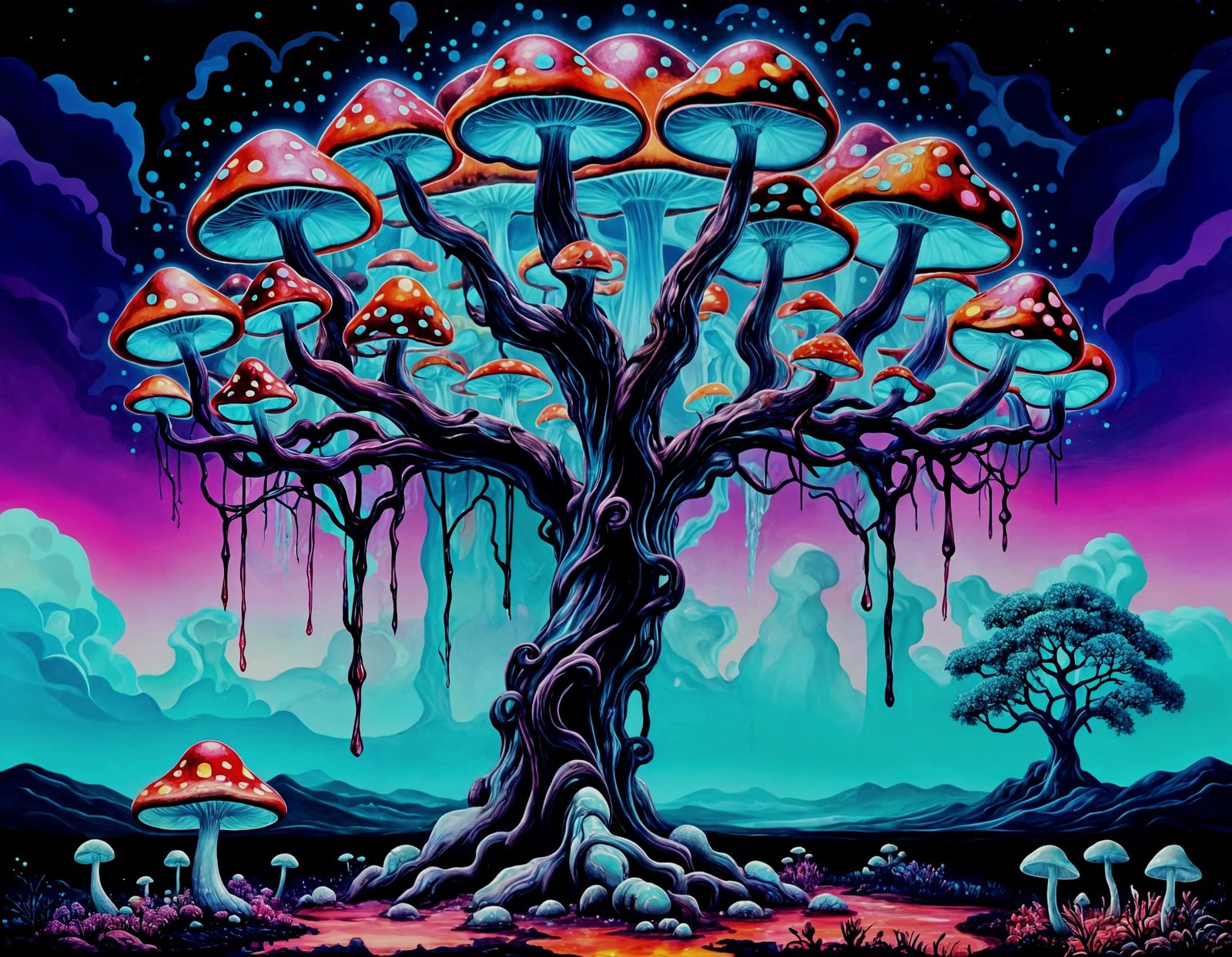 Surreal Synthwave Landscape with Glowing Fungi