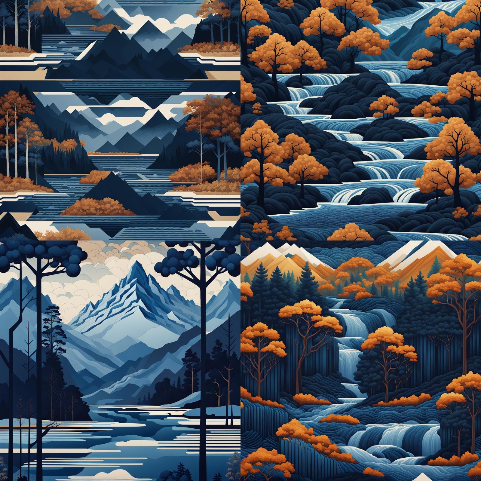 Mountain Streams and Trees in Art Deco Style