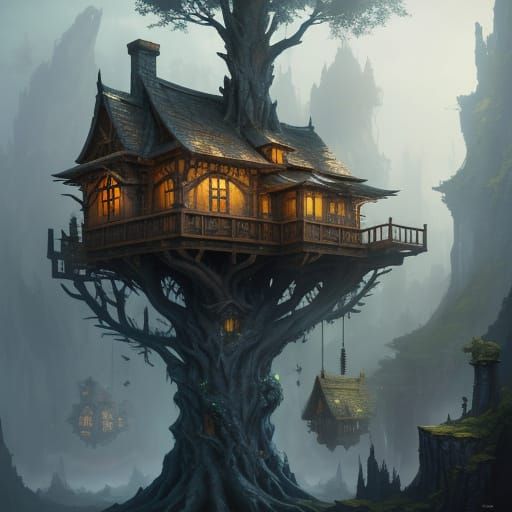 Surreal Treehouse Enclave in Vibrant Fantasy World