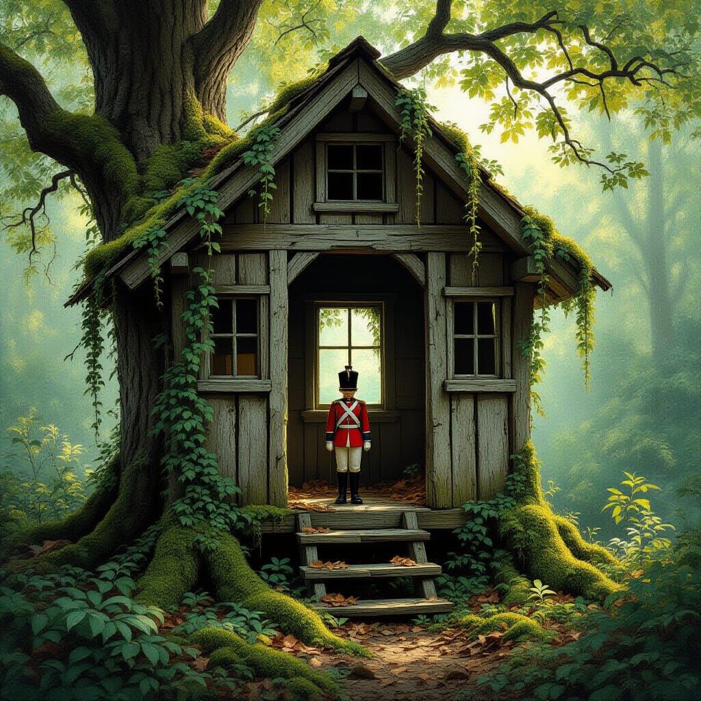 Forgotten Treehouse Reclaimed by Nature with Toy Soldier