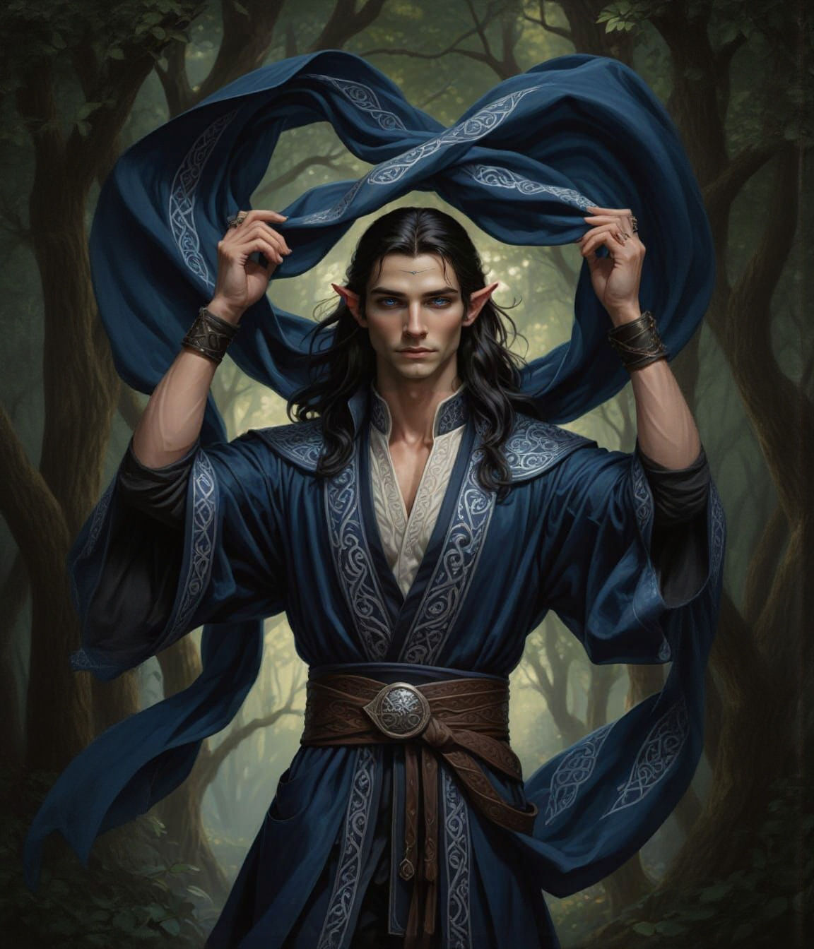 Handsome Elf Mage Portrait in Oil Painting Style