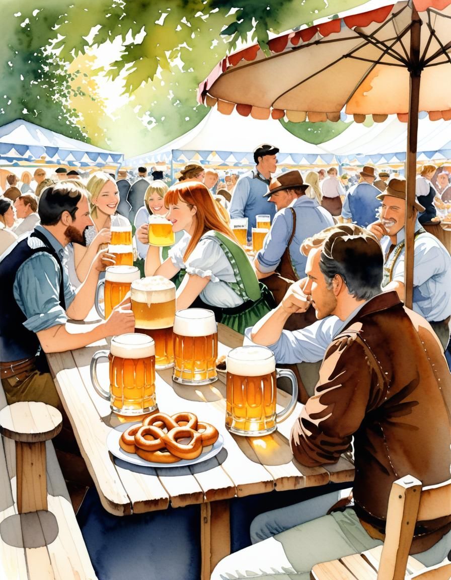 Oktoberfest Beer Garden Scene as Watercolor Painting