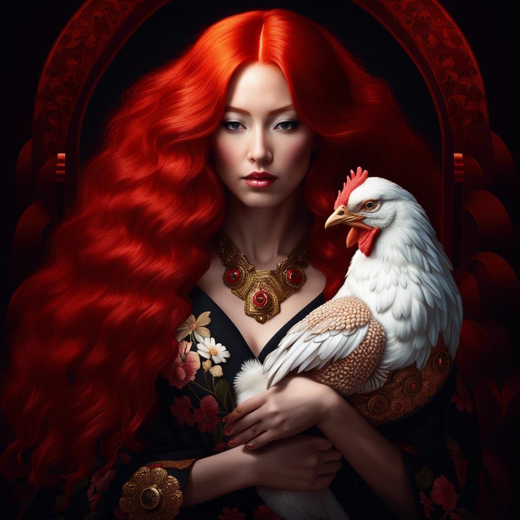 Red-Haired Woman with Chicken: Gothic Japanese Style