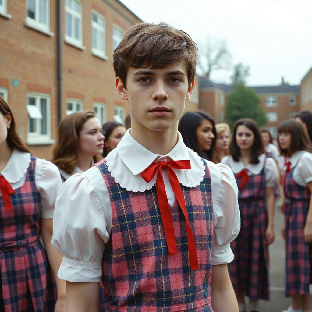 Ethereal Young Man Embraces School Uniform in Whimsical Sett...