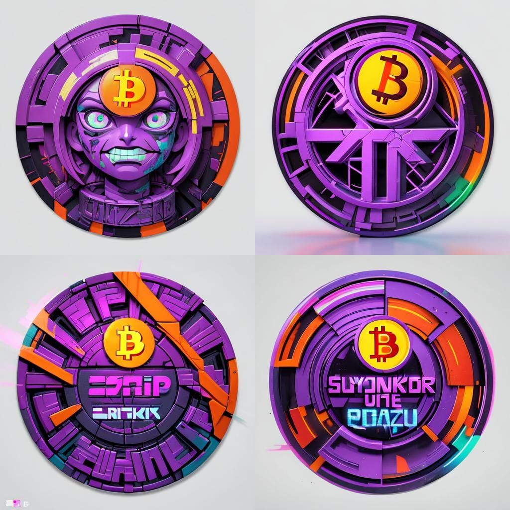 Cyberpunk Pizza Badge with Bitcoin Logo, 3D Digital Art