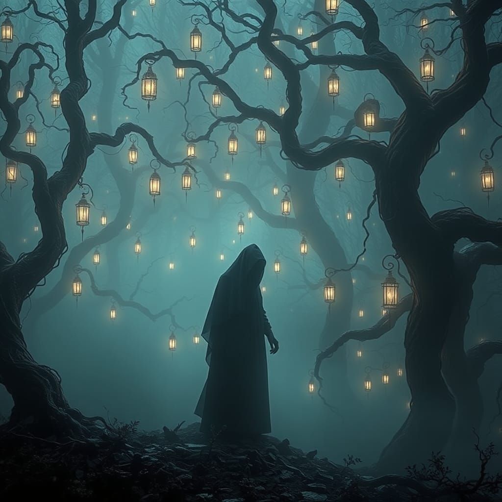 Loab in Lantern Forest: Mystical Futurism