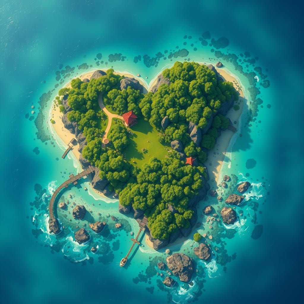 Heart-Shaped Island with Coral Reefs in Ghibli Style