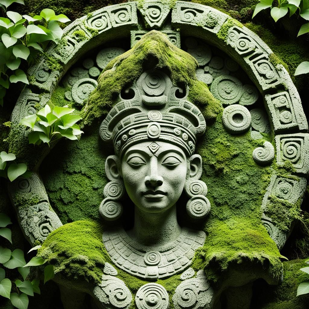 Aztec Moon Goddess Statue Covered in Moss