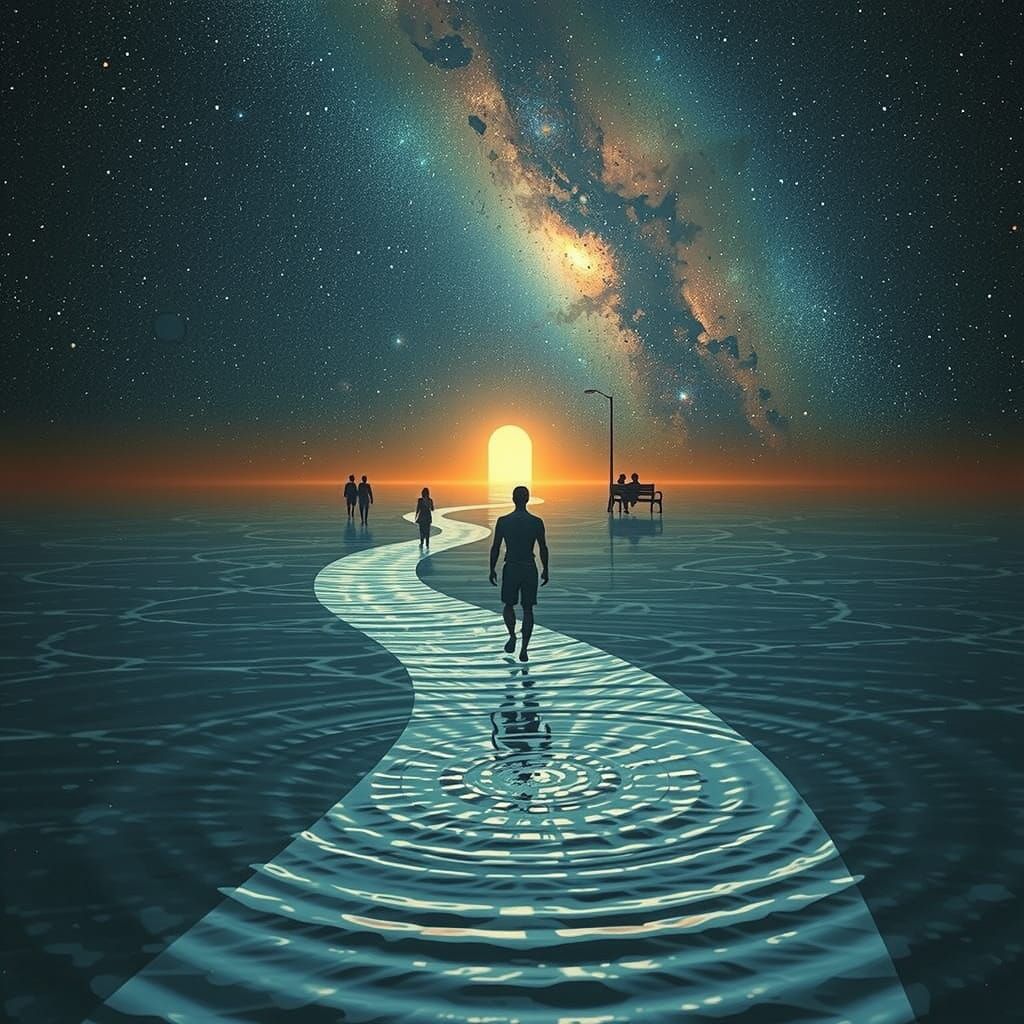 Surreal Cosmic Pilgrim Walks Golden Pathway to Celestial Arc...