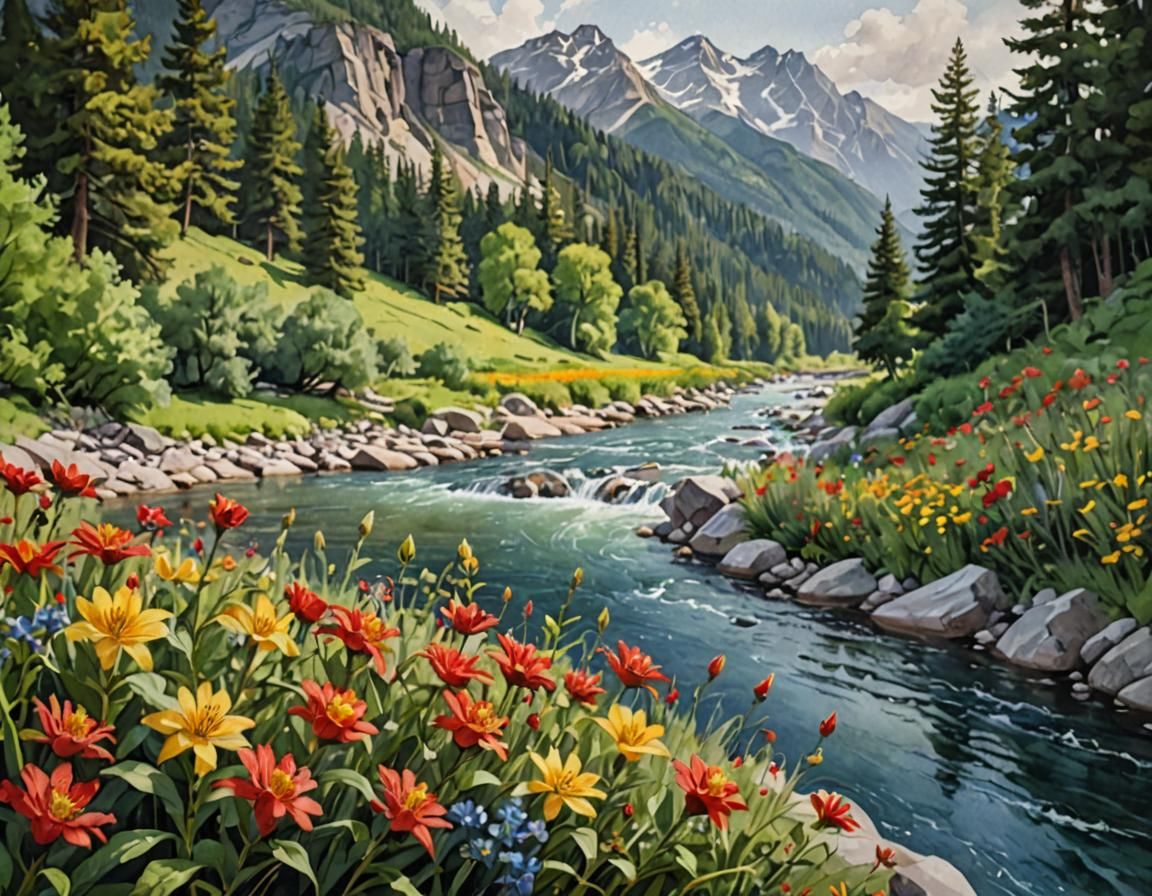 Watercolor Landscape with Blue River and Flowers