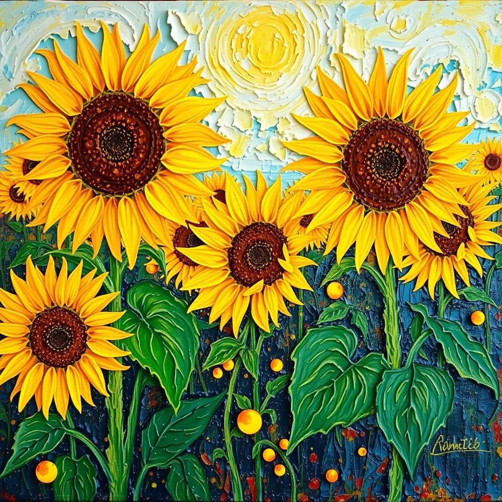 Impasto Sunflower Landscape Painting with Textured Layers