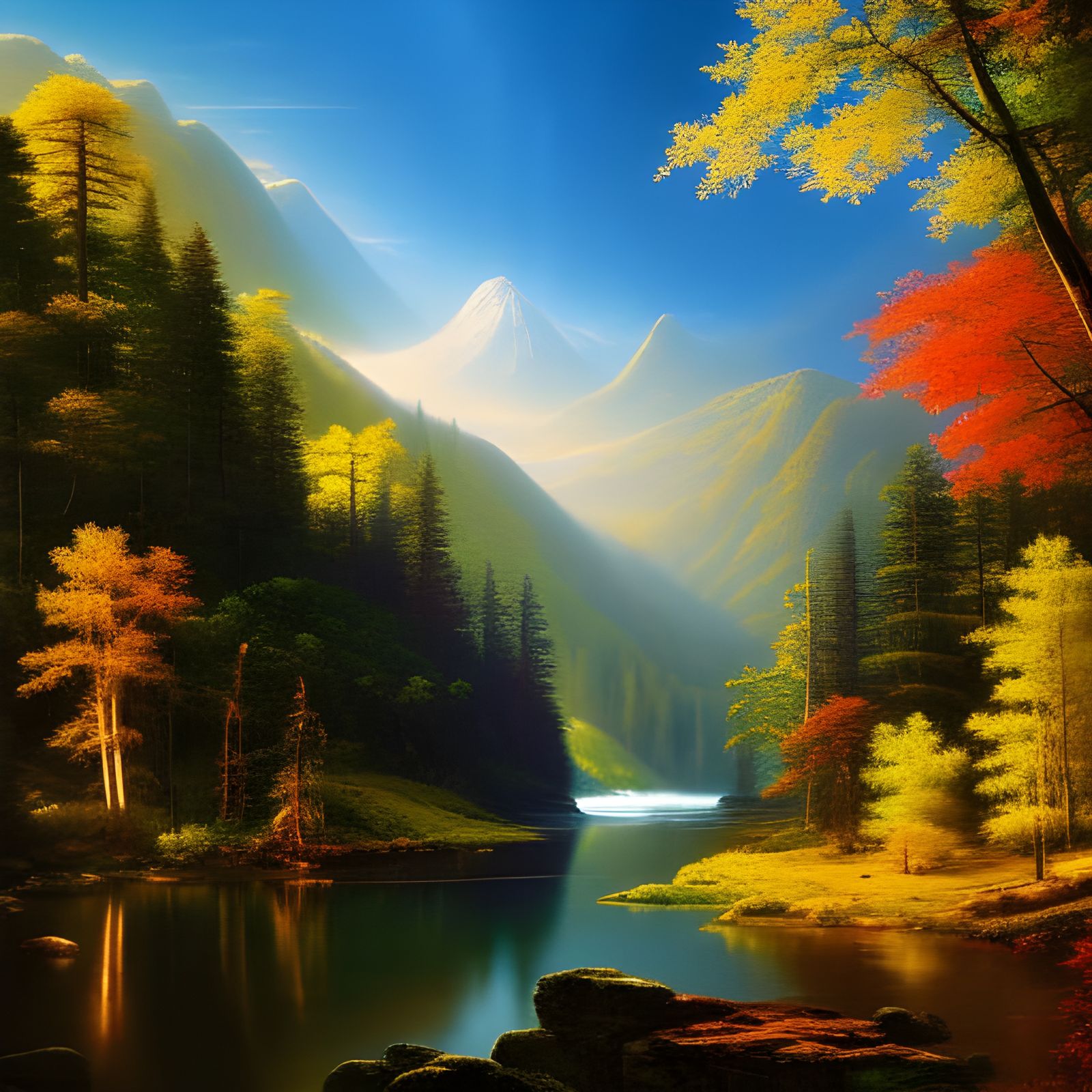 Lush Waterfall Scene in Geometric Bauhaus Style