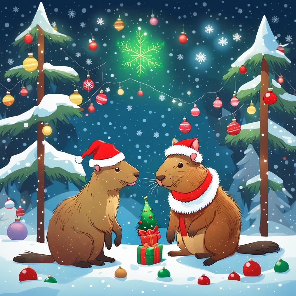 Winter Wonderland Scene with Capybara and Cat Celebrating Ch...
