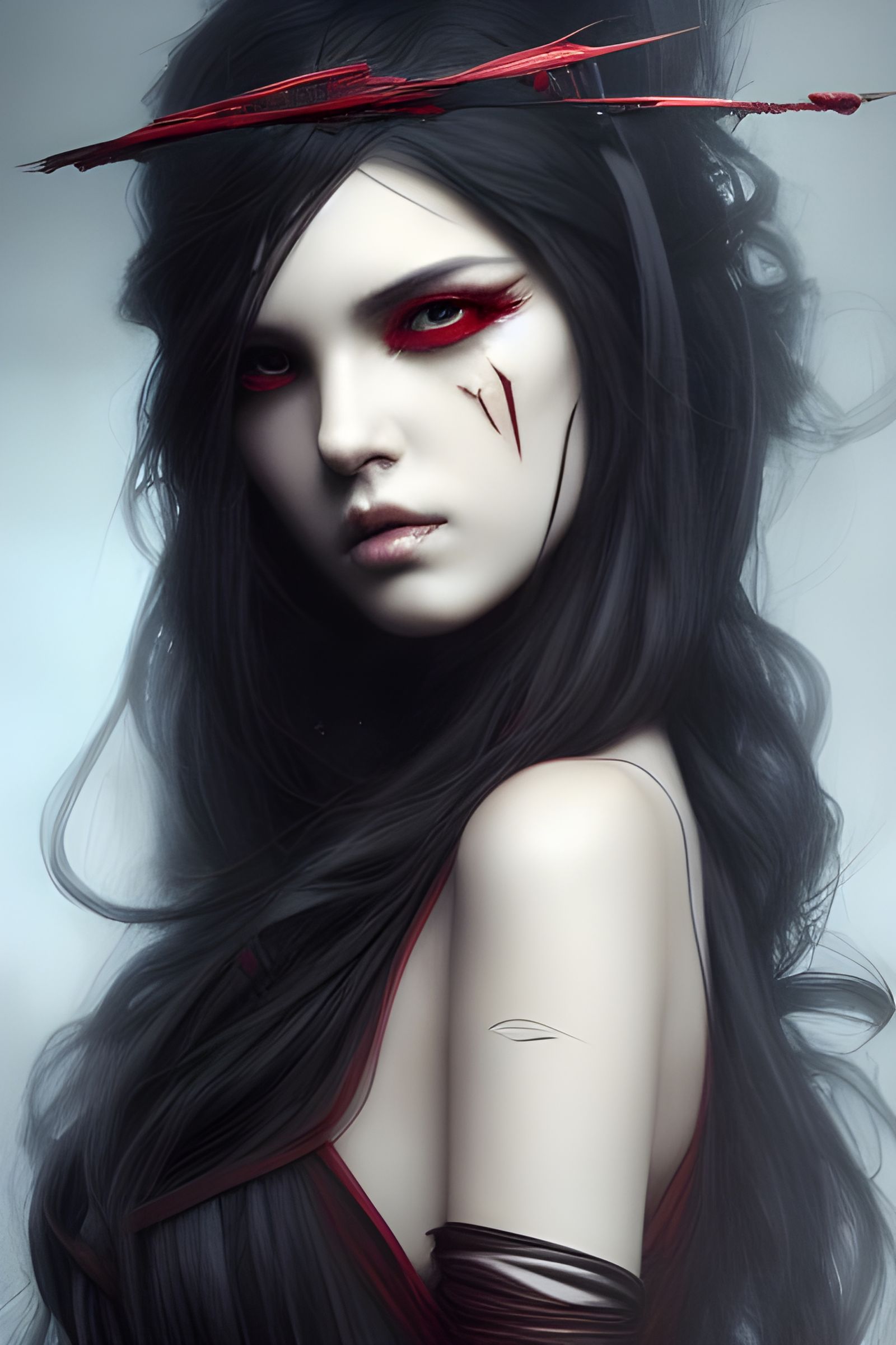 Sinister Goddess with Crimson Eyes: Digital Illustration