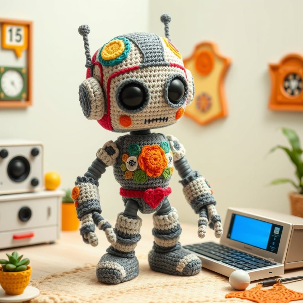 Realistic Crochet Robot in Cozy Crochet Room