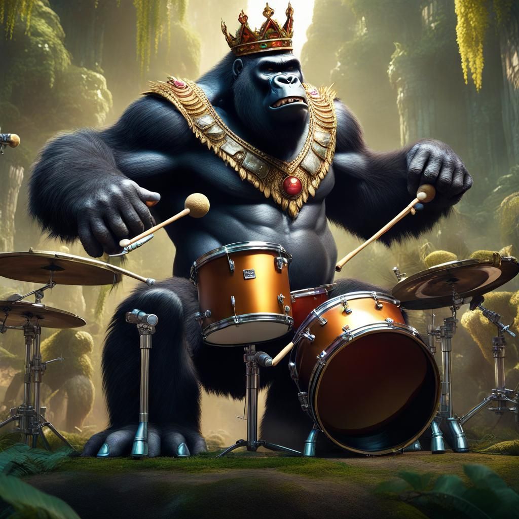 Giant Gorilla King Plays Drums: Fantasy Art