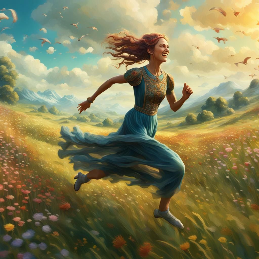 Art Nouveau Woman Running Through Meadow