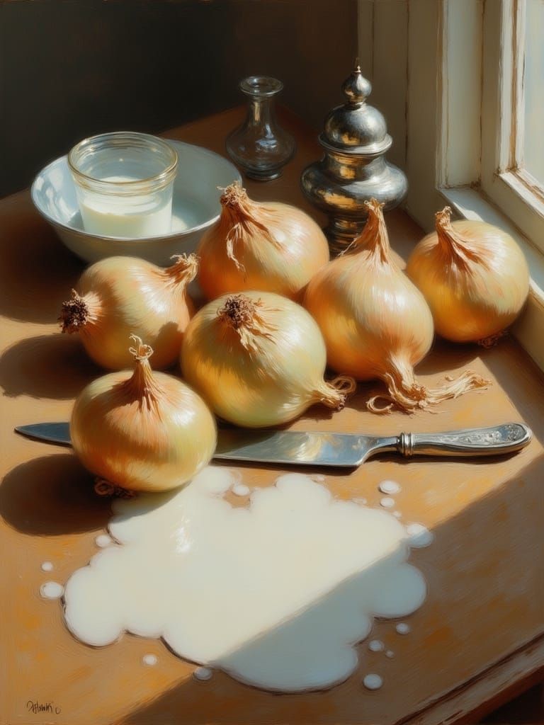Elegant Still Life: Onions, Knife, and Milk on Wooden Table