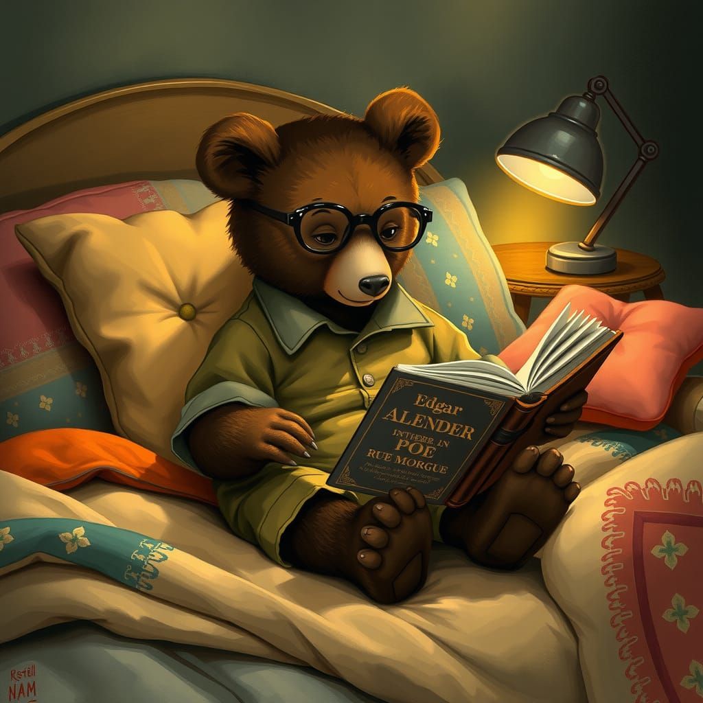 Bear Reading 'Rue Morgue' in Folk Art Style