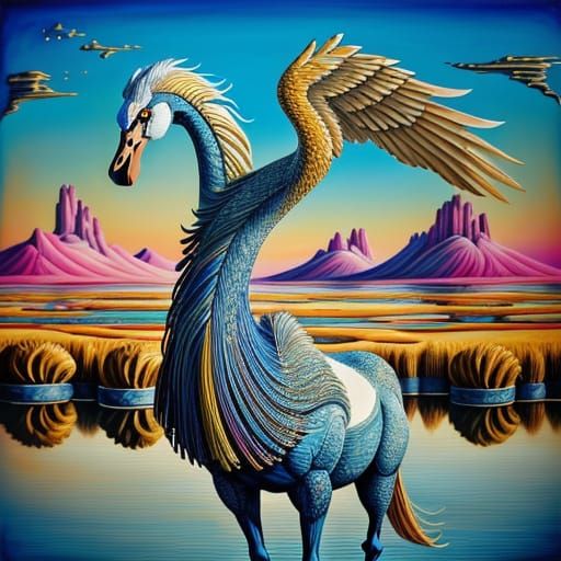 Surreal Swan Horse in Dreamlike Oil Painting
