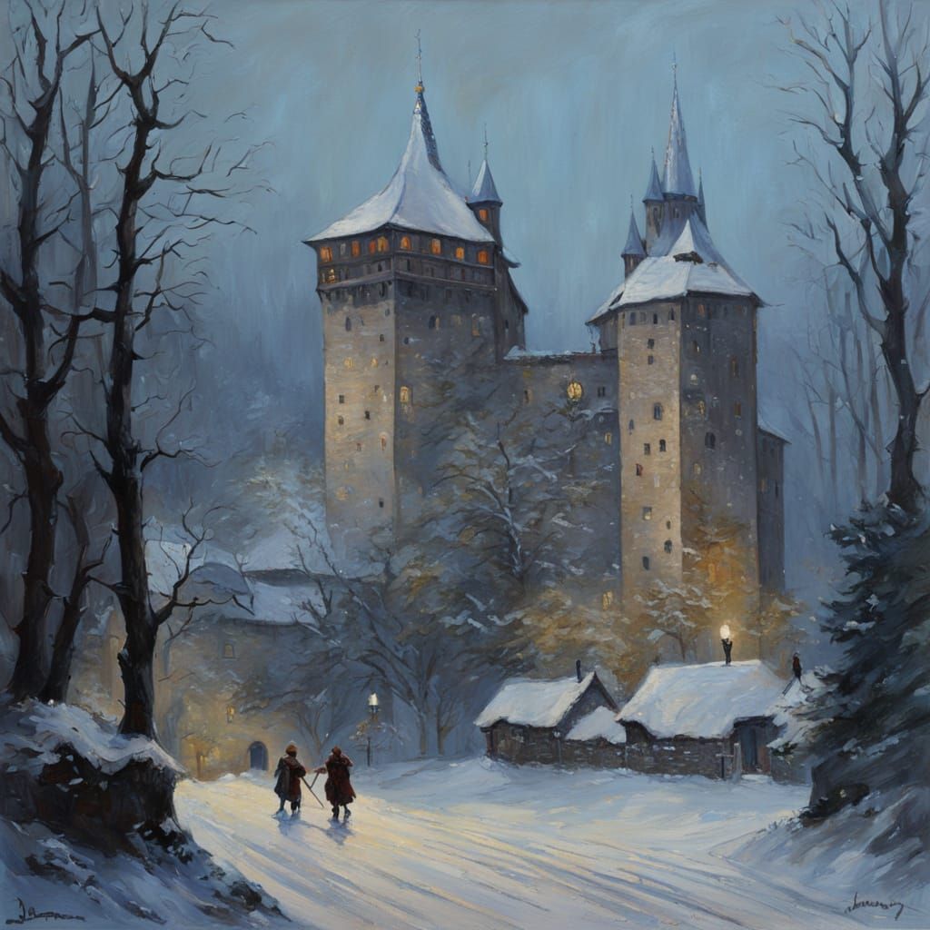 Snowy Medieval Castle Courtyard in Oil Painting Style