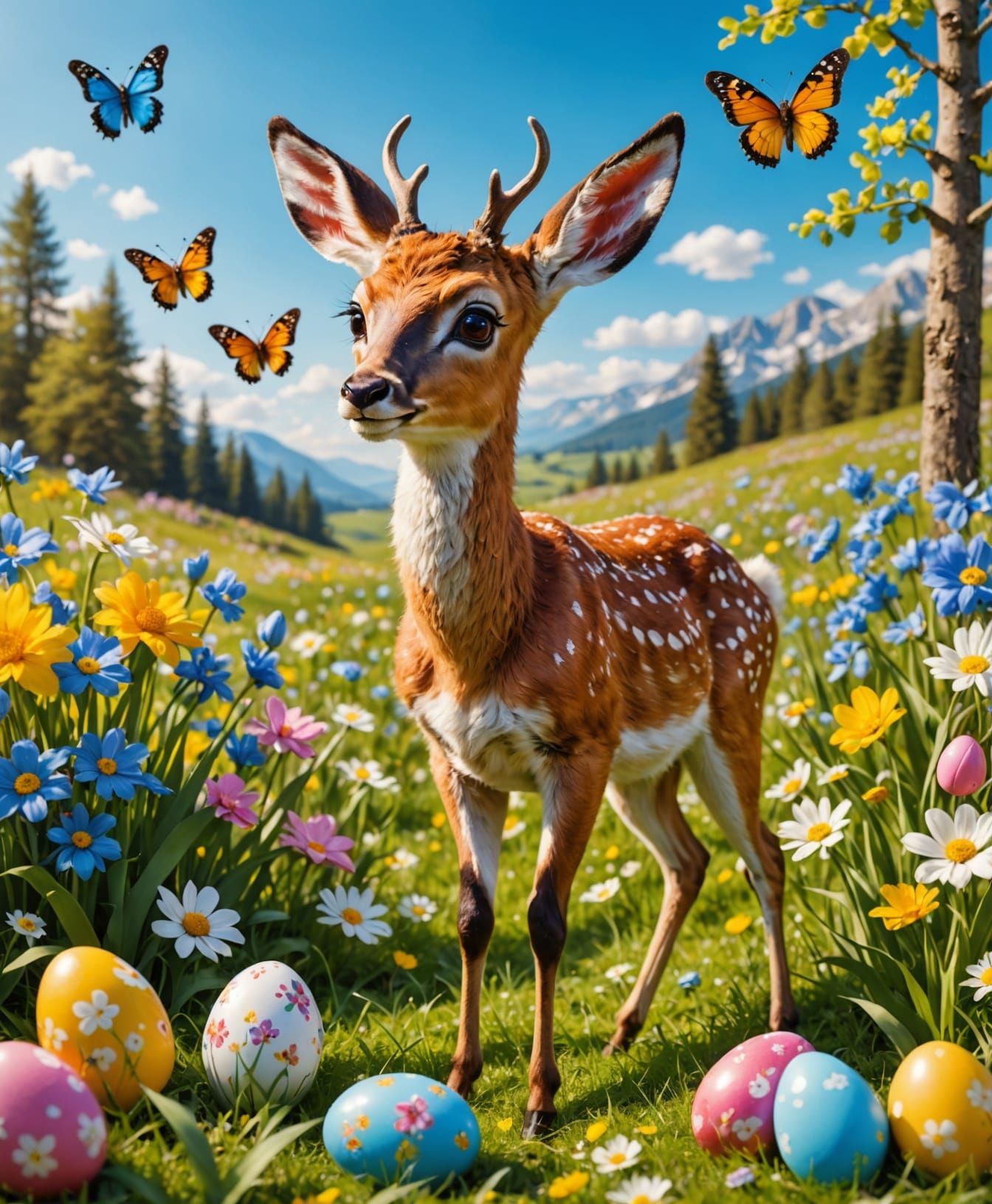 Vibrant Easter Bambi in a Colorful Flower Meadow