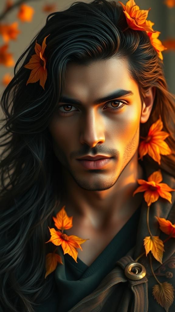 Indian Man with Autumn Flowers, Digital Art Portrait