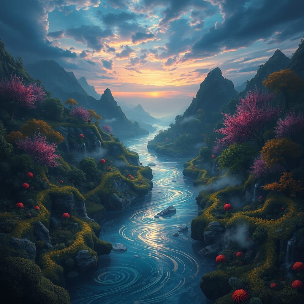 Mystical River Through Lush Valley in Matte Painting Style