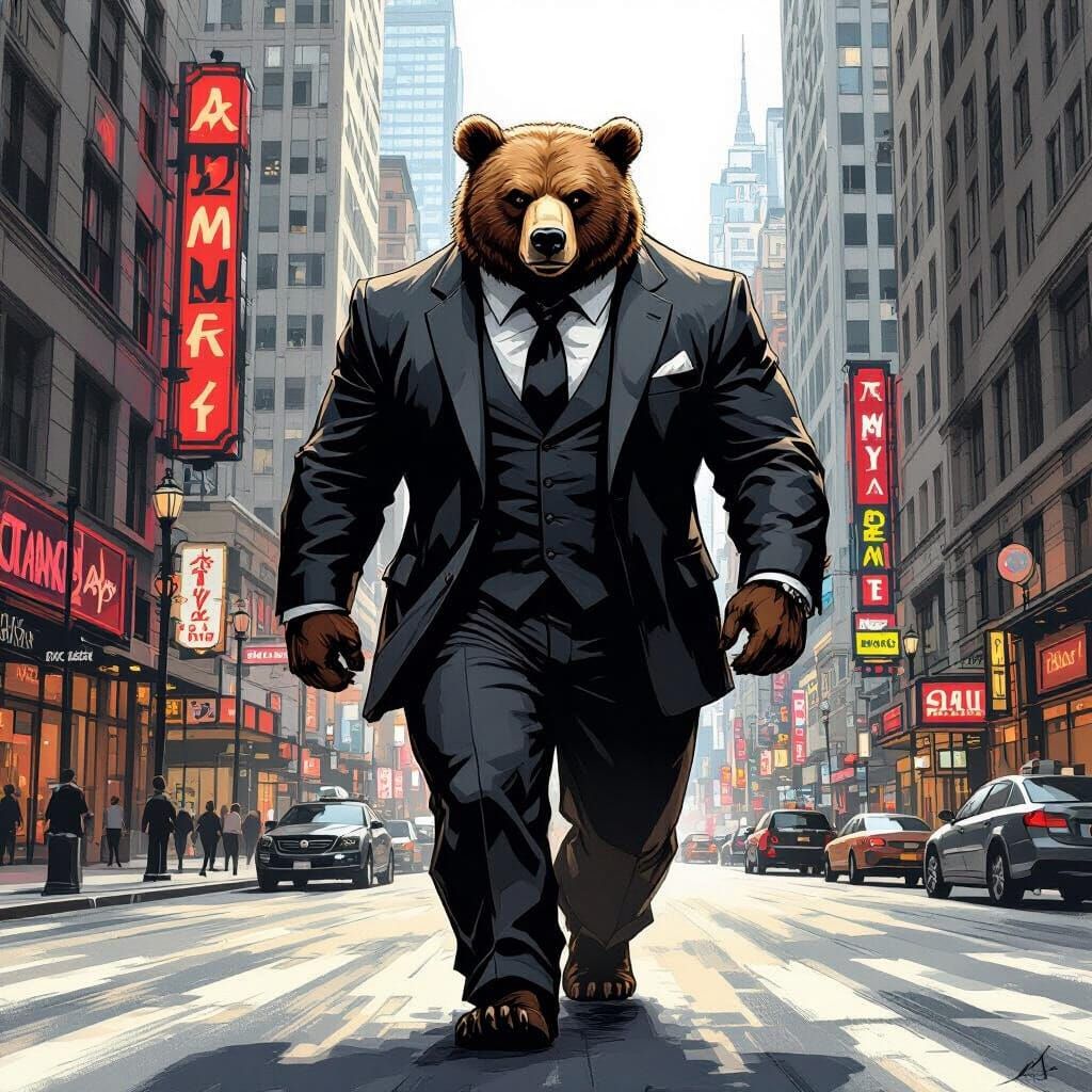 Anthropomorphic Grizzly Bear in City Street, Painterly Style