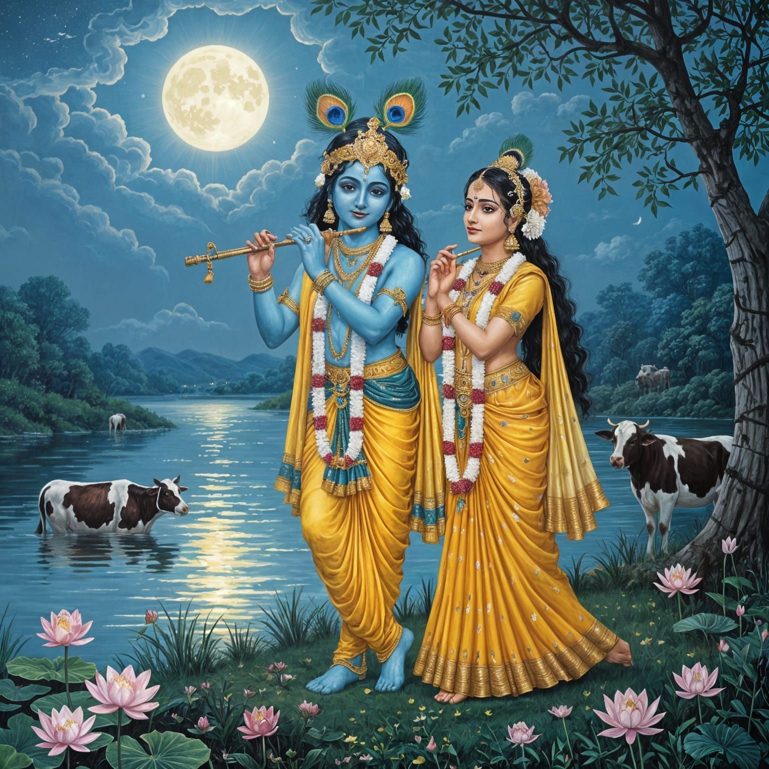 Krishna and Radha Under Moonlit Sky in Classical Style