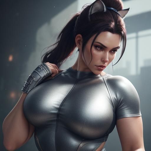 Voluptuous Cat-Eared Woman Working Out in Gym