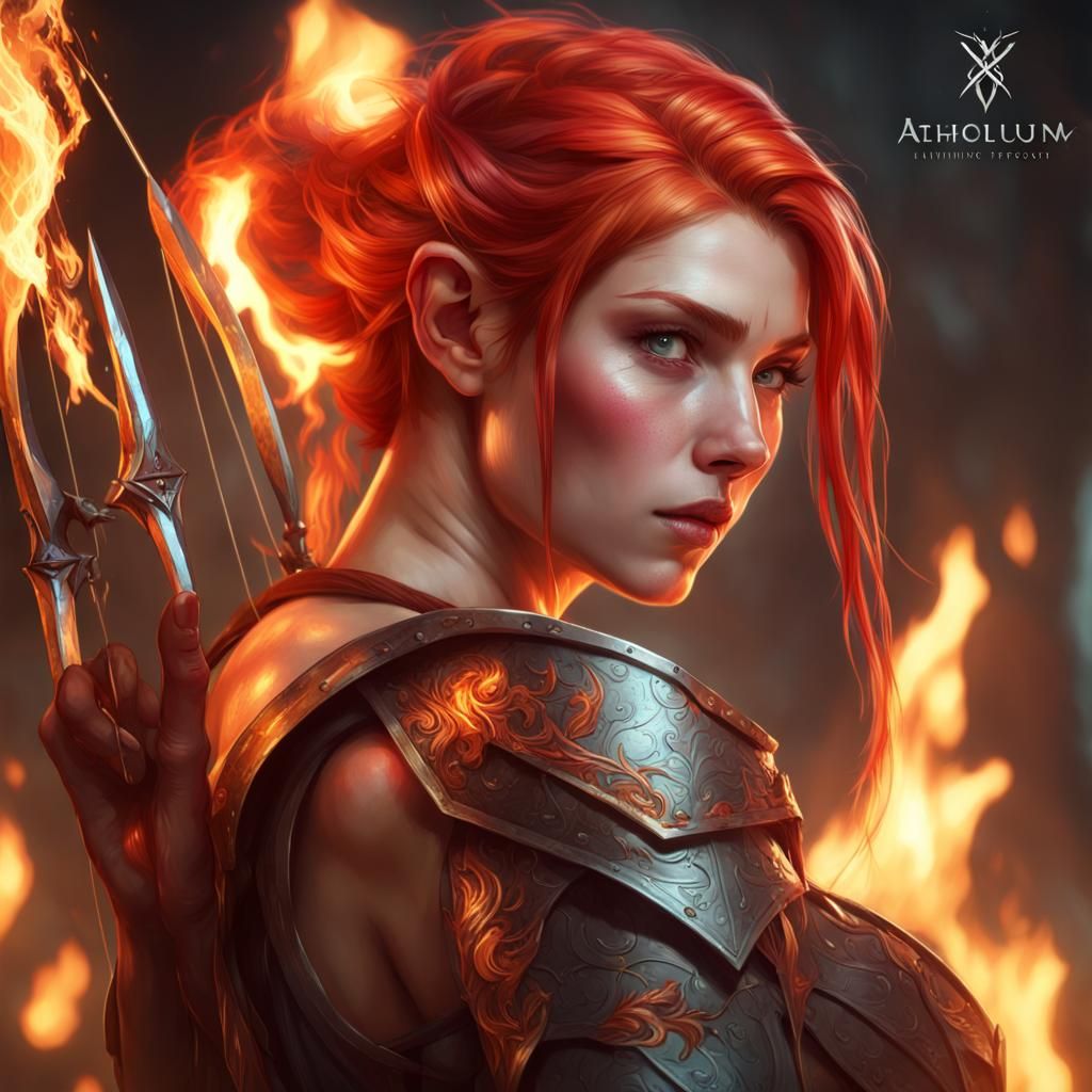 Fiery Elf Archer Portrait in Art Nouveau Style