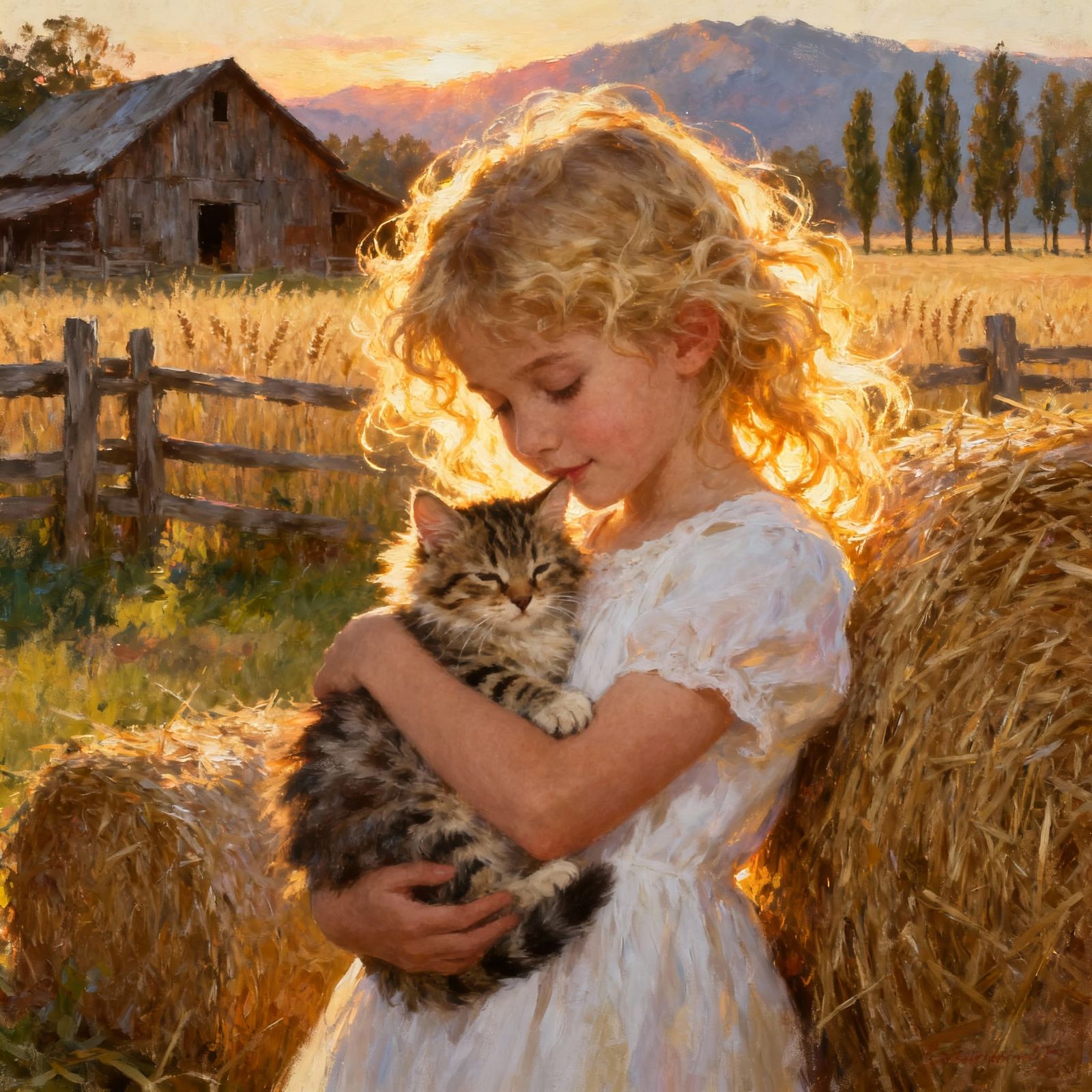 Dreamy Oil Painting of Girl and Kitten by Sunrise