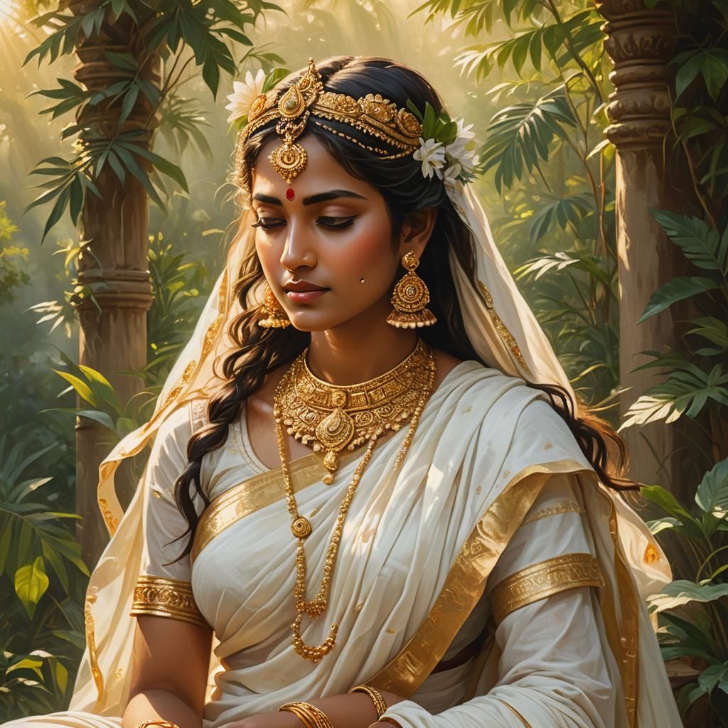 Serene Hindu Goddess in Morning Light, Oil Painting