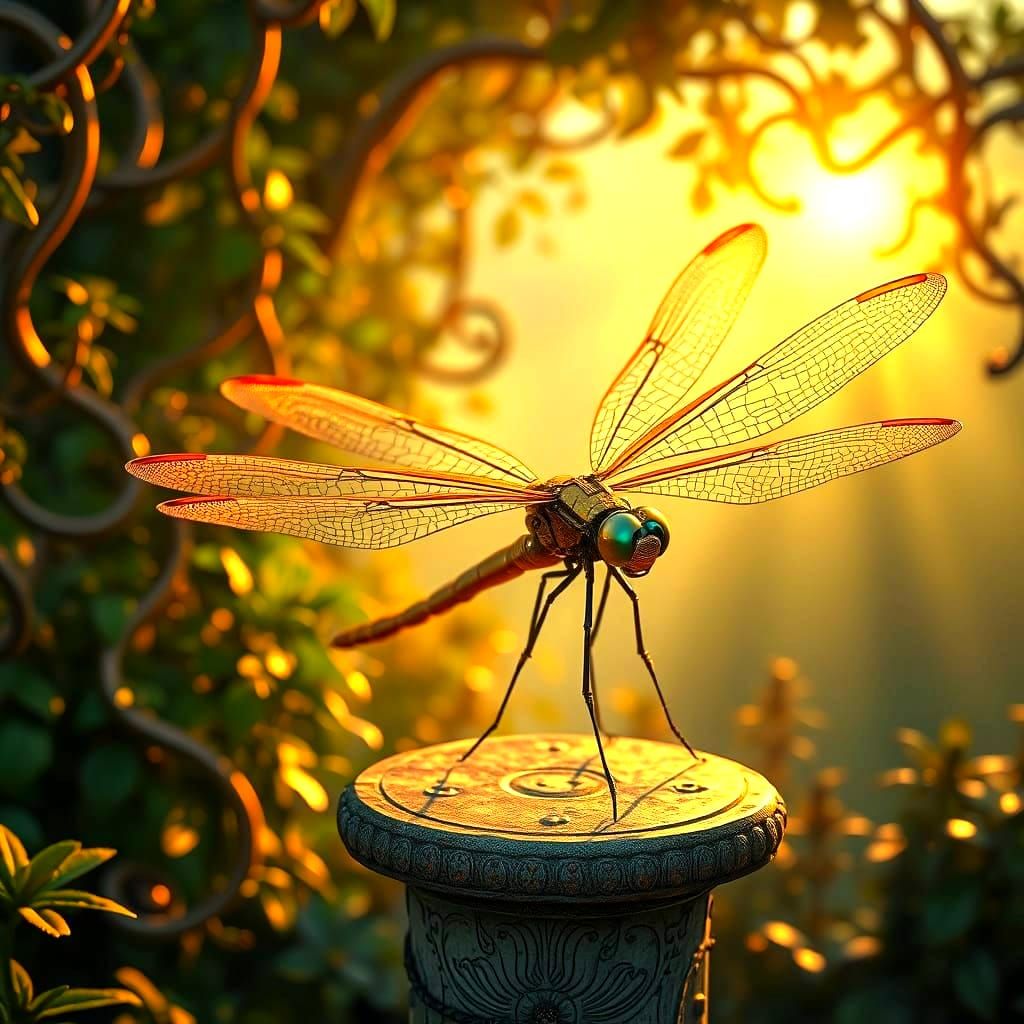 Steampunk Dragonfly in Shimmering Steampunk Garden