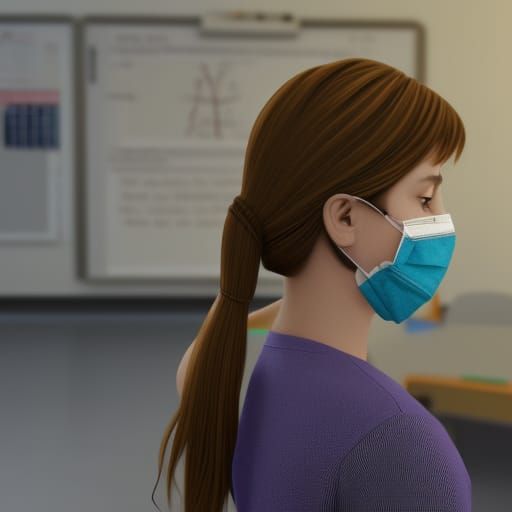 Girl in Mask: 3D Illustration in Classroom