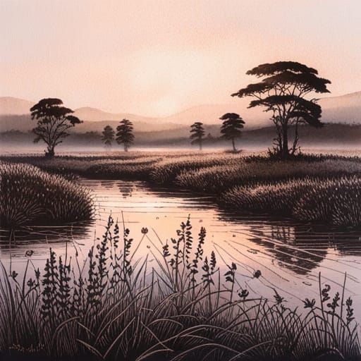 Misty Bog with Wildflowers: An Aquatint