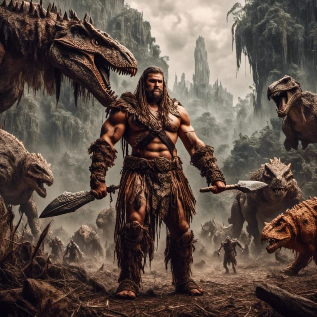 Barbarian Warrior in Dinosaur Land, Antique Watercolor