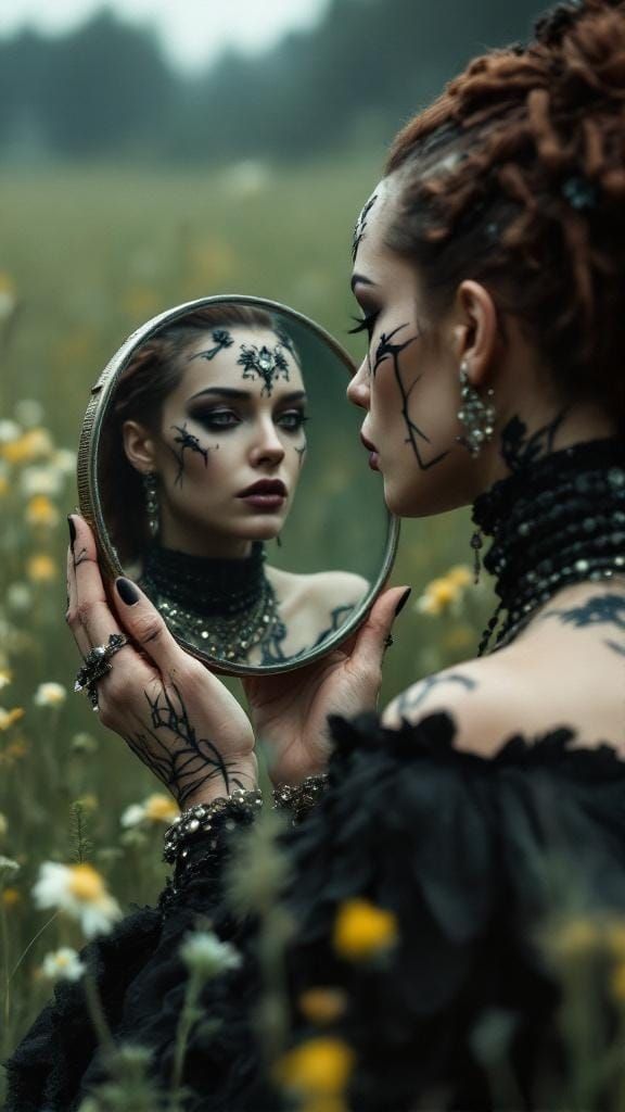 Mysterious Woman Gazing in Mirror, Ethereal Portraiture