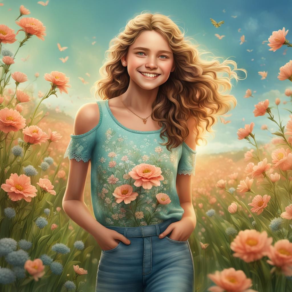 Teenage Girl in Flower Field: Fantasy Concept Art