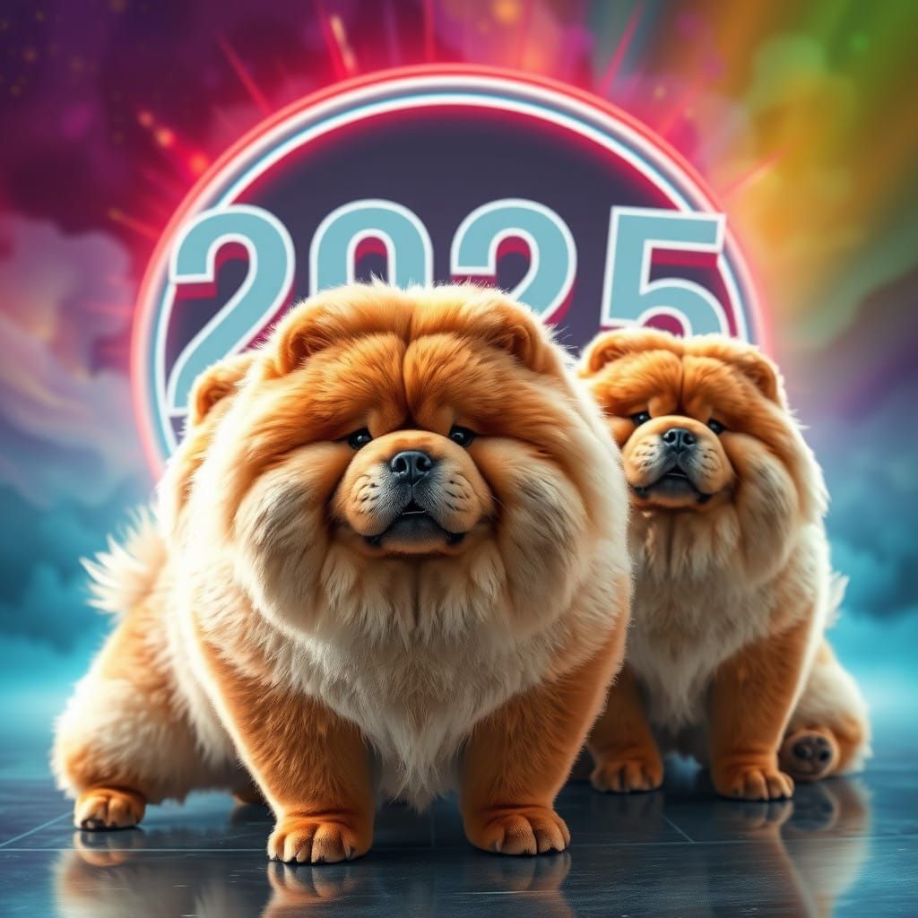 Chow Chows Gather Around Futuristic Sign in Hyperrealistic S...