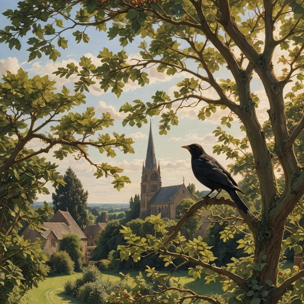 Blackbird in Summer Landscape, Pre-Raphaelite Style