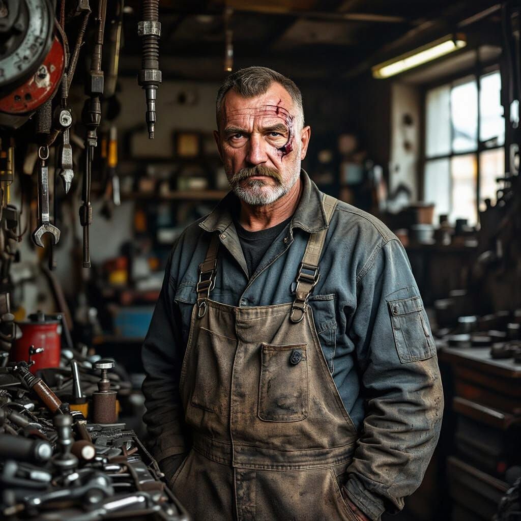 Grizzled Russian Mechanic with Scar in Cluttered Garage