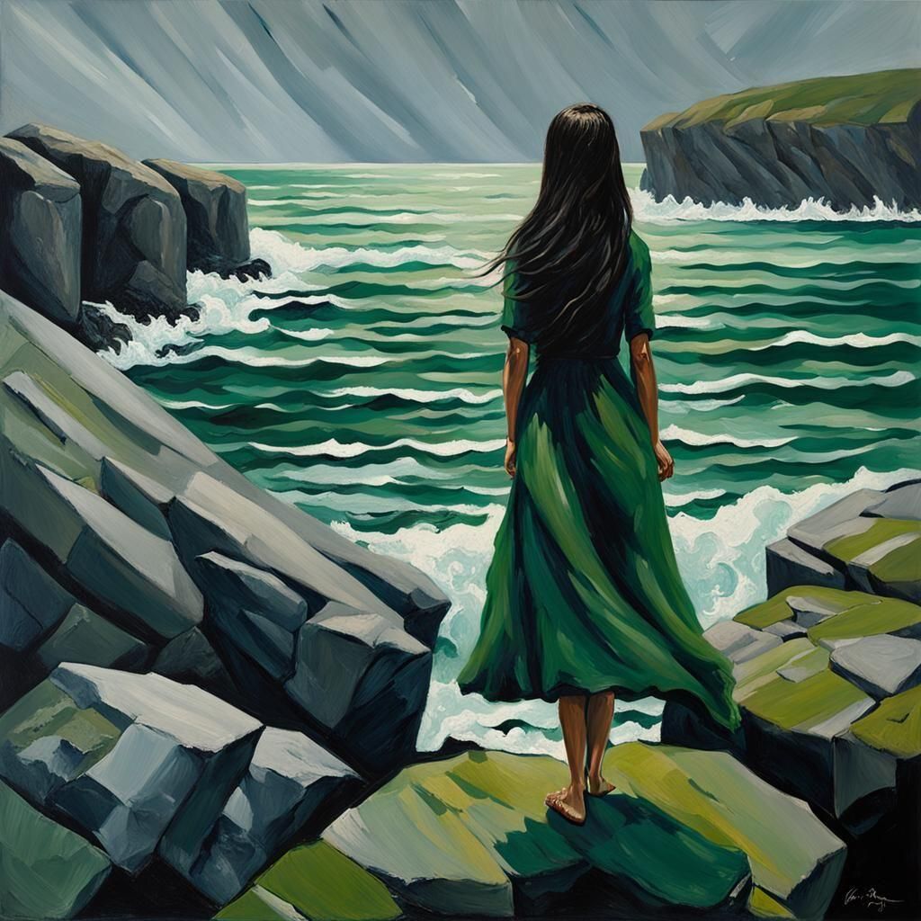 Woman at Cliff's Edge, Dark Waves Crashing Below in a Somber...