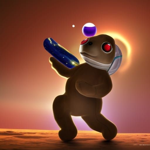 Teddy Bear in Space with Futuristic Turtle