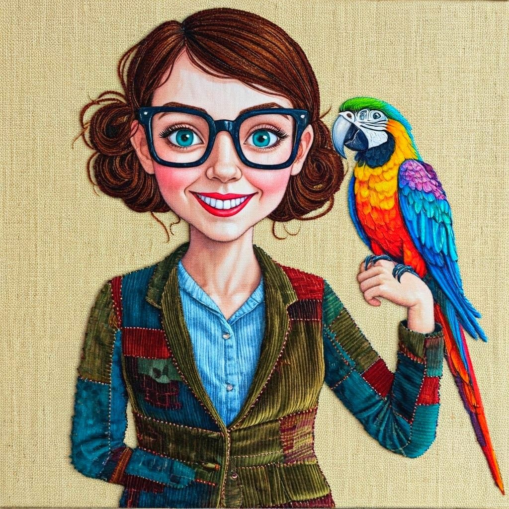 Quirky Nerdy Woman in a Vibrant Fabric Art Piece